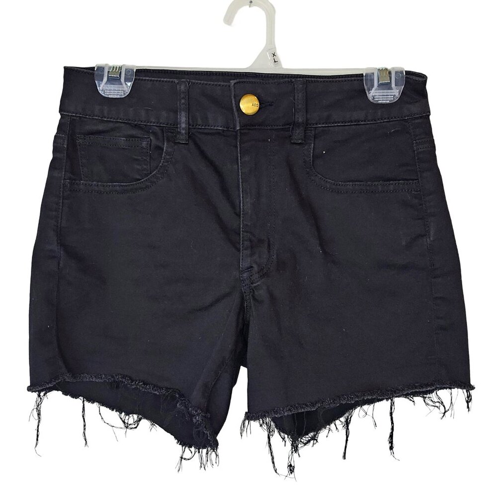 AEO Black Denim Women's Denim Super Super Stretch Sateen Fringe Hem Size 6
